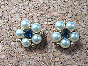 Earrings Weiss Pearl Blue Crystal Goldtone Clip